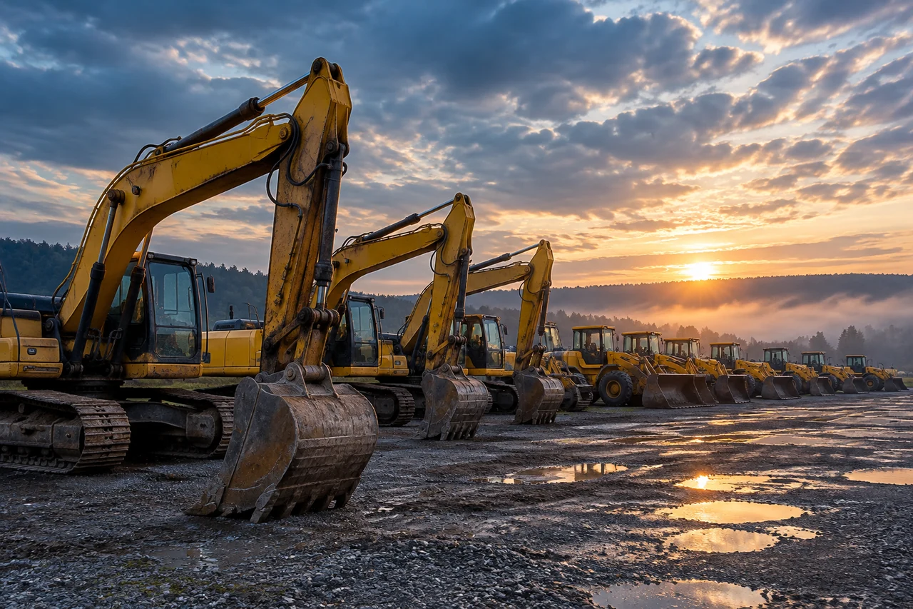 Rows of second-hand excavators and wheel loaders in the GCM equipment yard