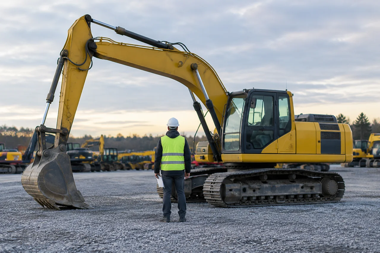 Technician inspecting an excavator against the sunset